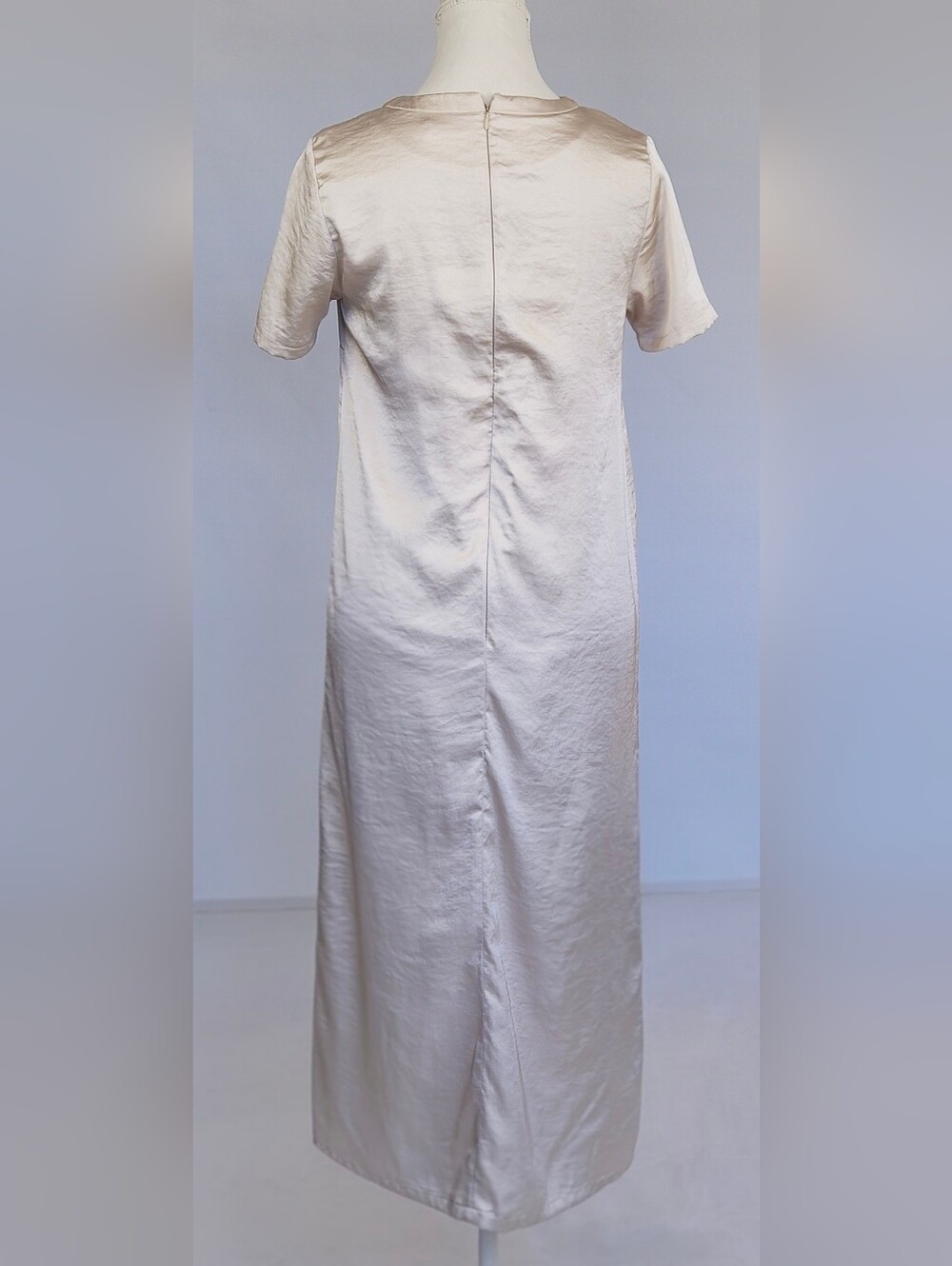 Greige Faux Silk Midi Dress | Minimalist Bridal Shift Dress - Picture 4 of 5